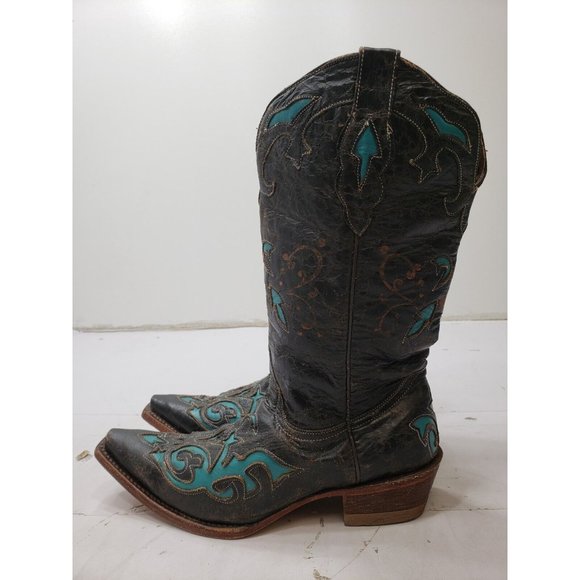 Pecos Bill Womens Boots Cowgirl Snip Toe Leather Brown Turquoise Inlay 7.5 B - Picture 7 of 10